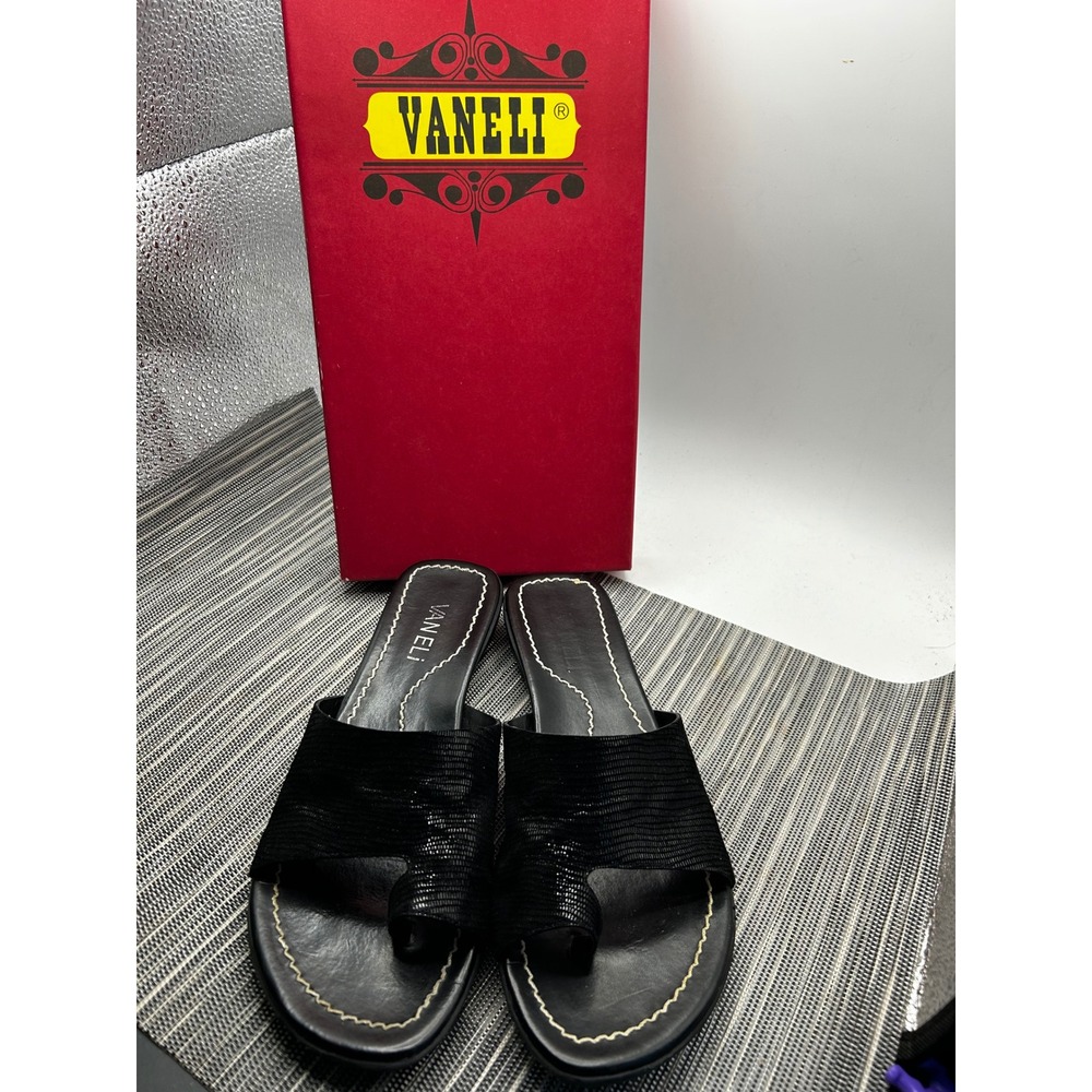 Vaneli Black Leather Toe Loop Slide Sandals Textured Flat Mules Womens 6M